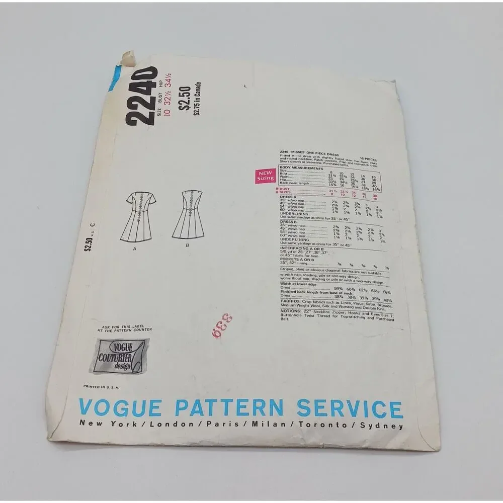 Vogue Couturier Design Simonetta Italy 2240 Size 10 Dress Pattern CUT 1960s 70s
